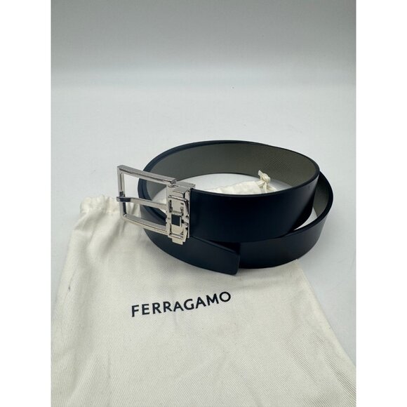 SALVATORE FERRAGAMO reversible leather men's dress belt BLACK/ SAGE -90cm - Picture 5 of 14